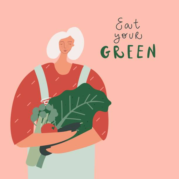 Vector illustration Eat your green handwritten quote. Eco product, natural food, mindful eating concept. Woman with vegetables Vector illustration eating illustrations stock illustrations