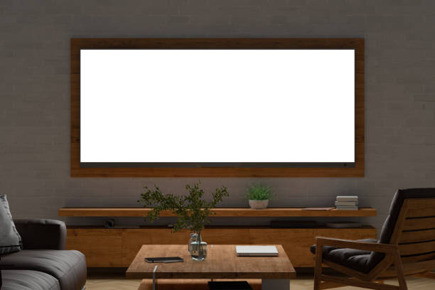istock Glowing TV wide screen at night 1301217939