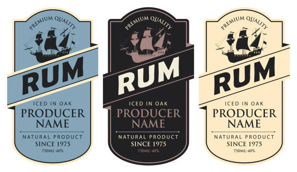 labels for Rum with sailing ship and inscriptions Set of three vector labels for rum in a figured frames with sailing ships and inscriptions in retro style. Premium quality, iced in oak, collection of strong alcoholic beverages gin label stock illustrations