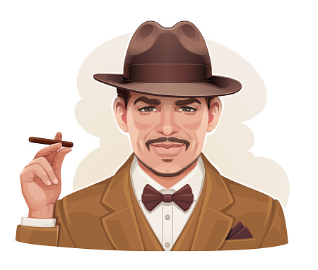 Vintage Vector Portrait of a Man Wearing a Hat and Holding a Cigar in His Hand.