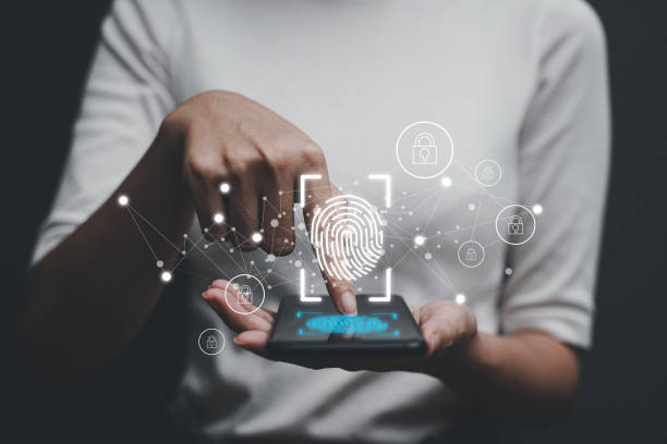 istock Touch screen, fingerprint scanner, biometric identity of a woman's hand in a blurred background . 1301222009