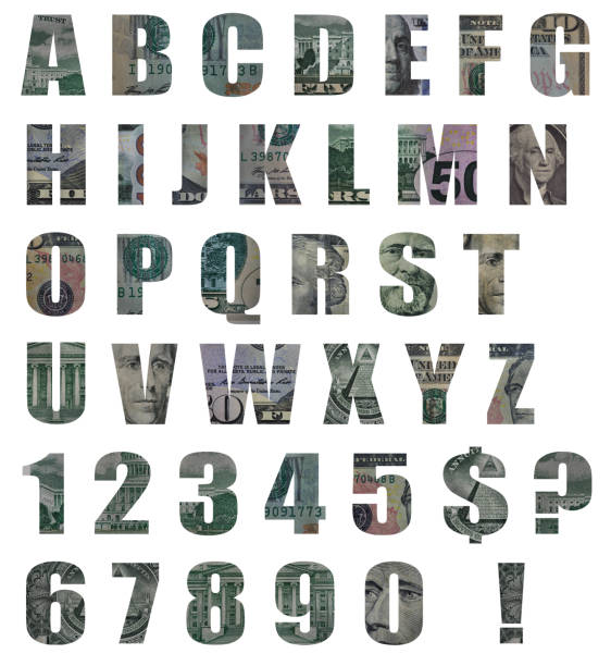 hi-res money alphabet: variedade de cédulas dos eua cortadas como letras e números - us treasury department - fotografias e filmes do acervo