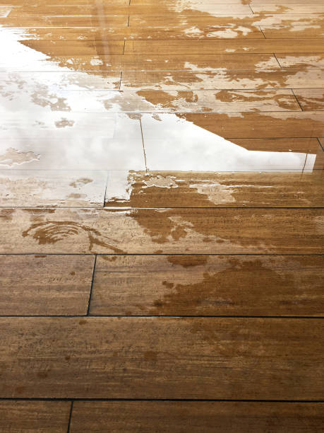istock Water puddle on the wooden floor. Wet outdoor decking surface 1301224365