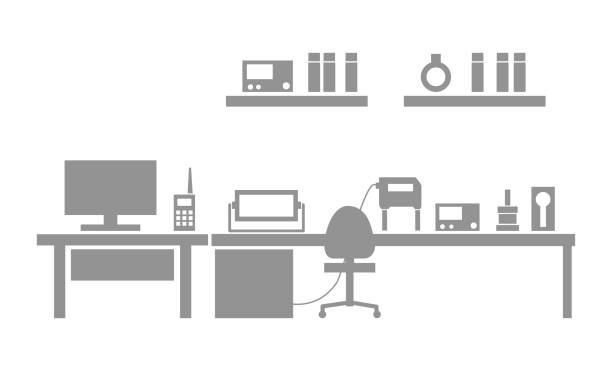 装置が付く実験室。エンジニアのためのワークプレイス。業界。ベクターの図。 - computer desk silhouette laboratory点のイラスト素材／クリップアート素材／マンガ素材／アイコン素材