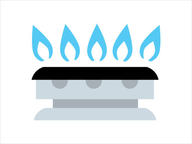 ilustraciones, imágenes clip art, dibujos animados e iconos de stock de el símbolo del gas ardiente. un quemador para una estufa de gas.  la placa está en la cocina. - blue flame natural gas fireplace