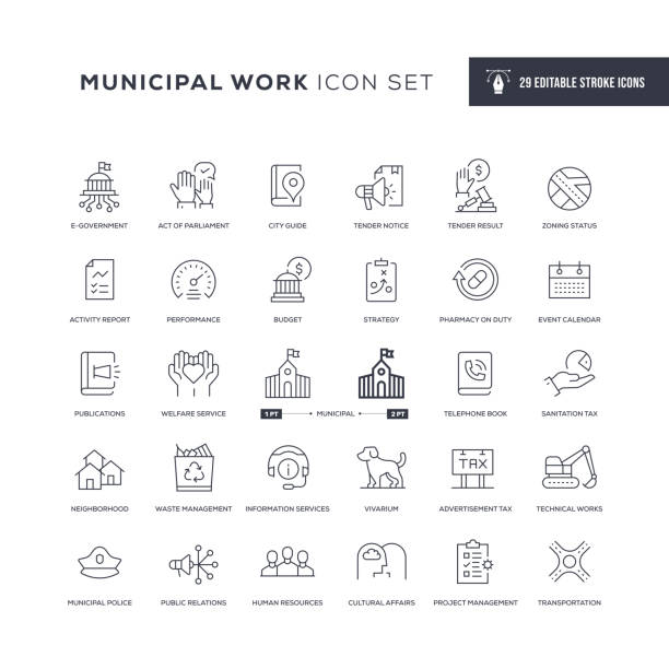 Municipal Work Editable Stroke Line Icons 29 Municipal Work Icons - Editable Stroke - Easy to edit and customize - You can easily customize the stroke with public utility stock illustrations