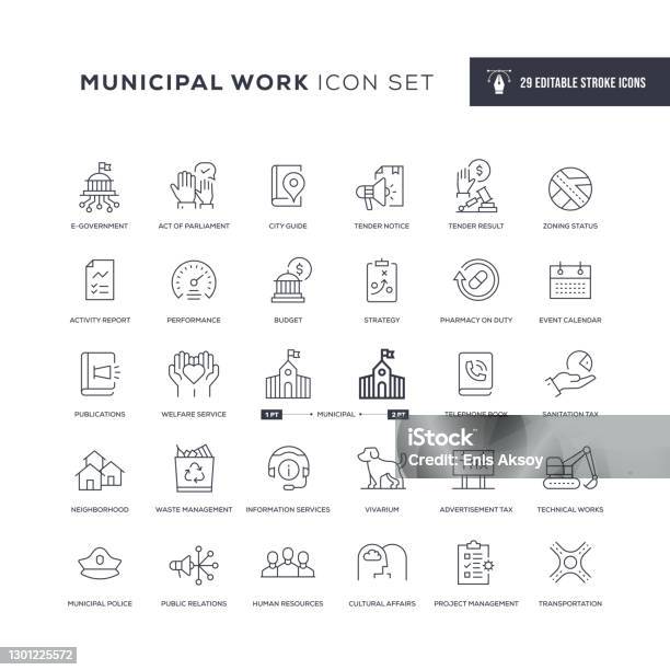 Municipal Work Editable Stroke Line Icons Stock Illustration - Download Image Now - Icon, Government, Community