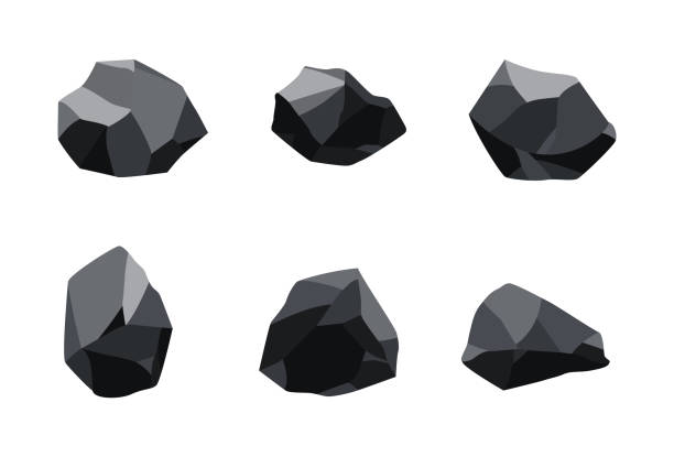 ilustrações de stock, clip art, desenhos animados e ícones de collection of coal black mineral resources. pieces of fossil stone. polygonal shapes set. black rock stones of graphite or charcoal. energy resource charcoal icons - bumpy