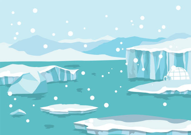 北極北極北極。白い漂流と溶ける氷河の海、雪山氷山極冬シーズンの漫画のベクトルイラスト - ice floe点のイラスト素材／クリップアート素材／マンガ素材／アイコン素材