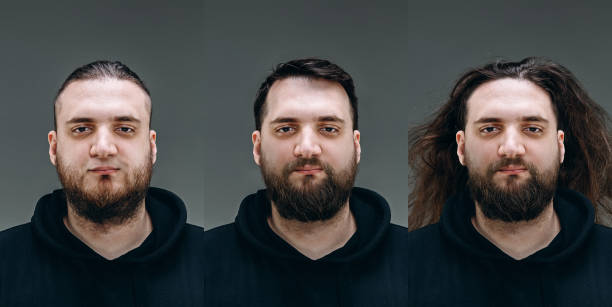 istock Collage of man before and after visiting barbershop, delighted client with difference haircut, mustache, beard 1301227174