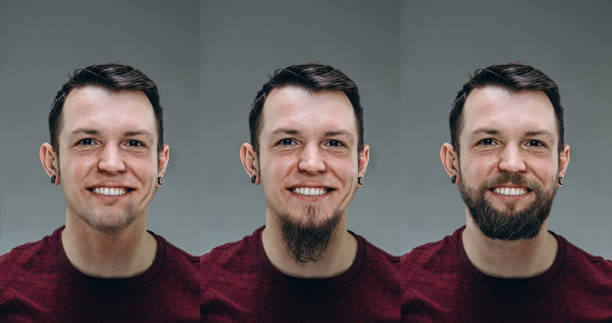 istock Collage of man before and after visiting barbershop, delighted client with difference haircut, mustache, beard 1301227178