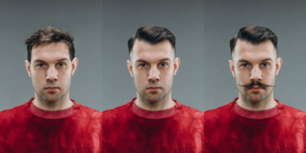 istock Collage of man before and after visiting barbershop, delighted client with difference haircut, mustache, beard 1301227191