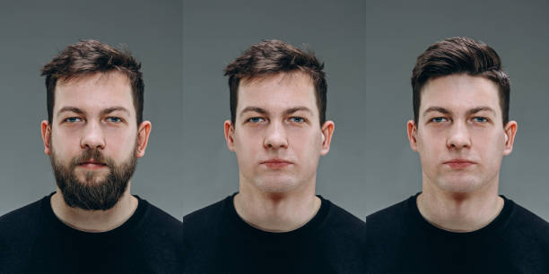 istock Collage of man before and after visiting barbershop, delighted client with difference haircut, mustache, beard 1301227199
