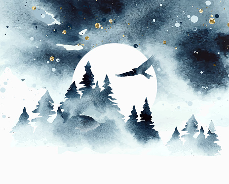 Watercolor magic vector landscape in blue, golden and white colors. Forest with eagle under night sky with moon. Hand drawn illustration.