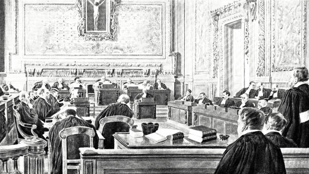 Court of Cassation, Paris, indoor, during a session The Court of Cassation (Cour de cassation) is the highest ordinary court. He is based in Paris. Illustration from 19th century. lawyer drawings stock illustrations
