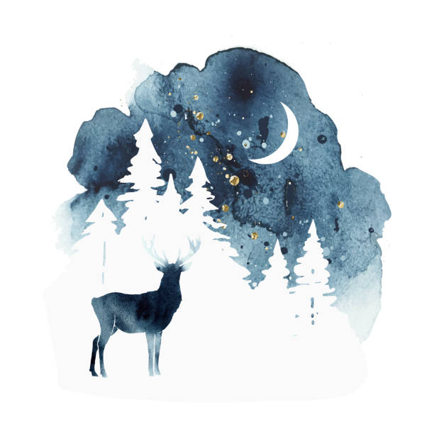 ilustraciones, imágenes clip art, dibujos animados e iconos de stock de silueta vectorial de renos. paisaje de invierno de acuarela con animal aislado, cielo, luna y bosque en colores azul y dorado. ilustración vectorial y salpicadura de ciervos de acuarela. - christmas winter backgrounds nature