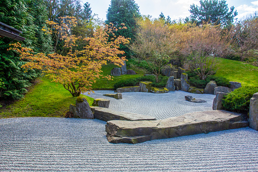 Stone garden in  japanese part of Gardens of the World: stones and  curly  geometric lines on gravel