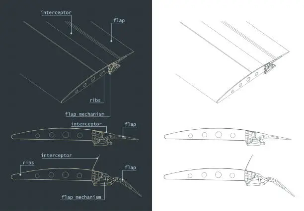 Vector illustration of Aircraft Wing Structure and Flaps Systems Blueprints