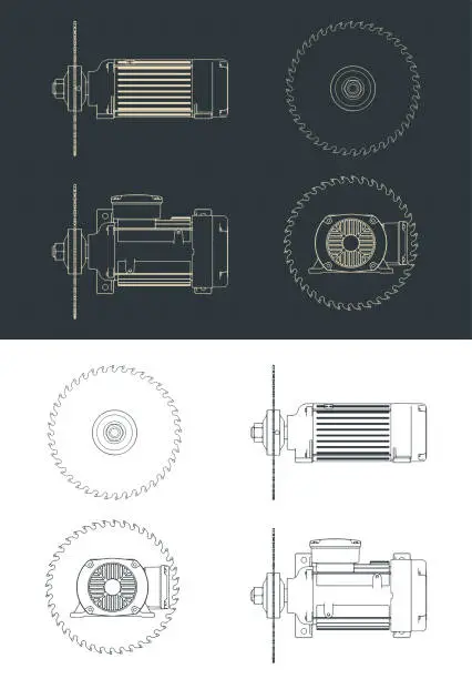 Vector illustration of Saw blade and motor drawings