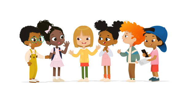 Group of Multicultural children talk to each other. School boy with vitiligo say hello to new friends. Asian boy scan QR code. School friends have fun Group of Multicultural children talk to each other. School boy with vitiligo say hello to new friends. Asian boy scan QR code. School friends have fun. multicultural children stock illustrations