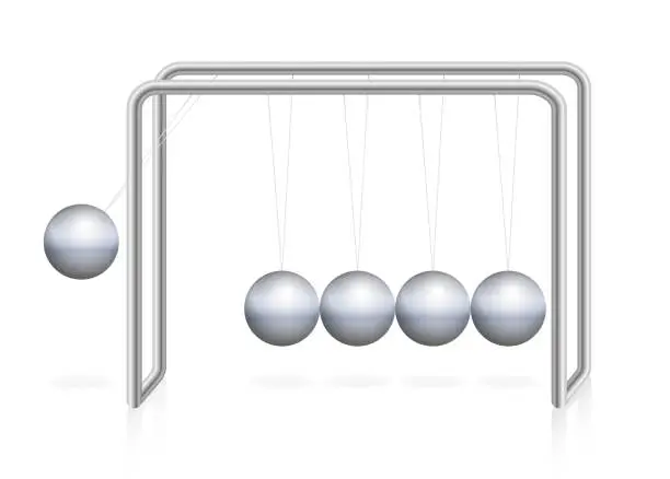 Vector illustration of Newtons cradle pendulum with iron ball in motion, momentum, energy. Physical experiment. Isolated vector illustration on white background.