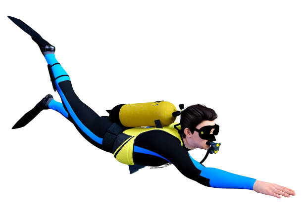 istock 3D illustration male diver on white 1301232175