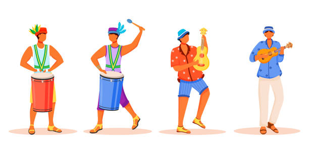 ilustrações, clipart, desenhos animados e ícones de músicos de carnaval do brasil, de cor plana, vetores sem rosto. homens latinos tocando em instrumentos musicais tradicionais. machos em pé isolados ilustrações de desenhos animados em fundo branco - brazilian people