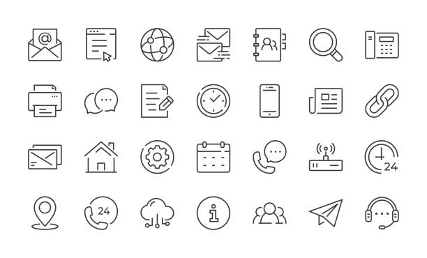 Contact Line Icons. Editable stroke linear icon set for mobile and web. Contact Line Icons. Editable stroke linear icon set for mobile and web. Contains such icons as Chat, Email, Phone, Location, Support. Vector illustration web page stock illustrations
