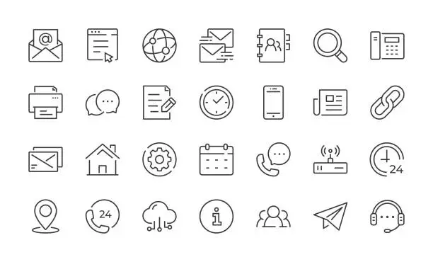 Vector illustration of Contact Line Icons. Editable stroke linear icon set for mobile and web.