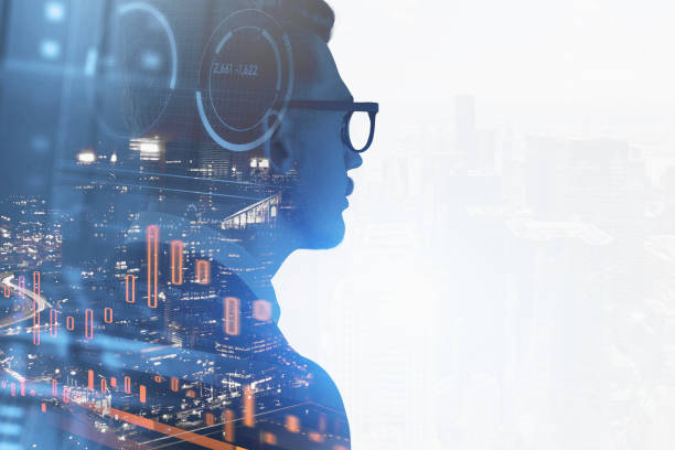 istock Man in glasses in night city and financial interface 1301232703