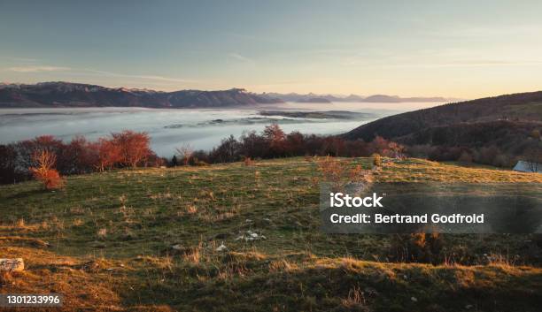 View Over Lake Annecy And The Mountains On A Foggy Autumnal Afternoon From Mont Salève Hautesavoie France Stock Photo - Download Image Now
