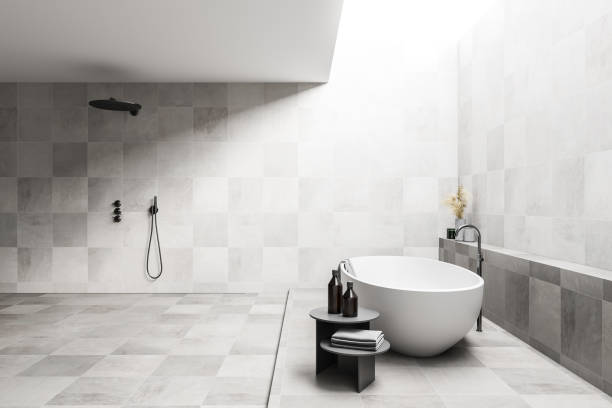 istock White bathroom interior with sink and shower , side view 1301234283