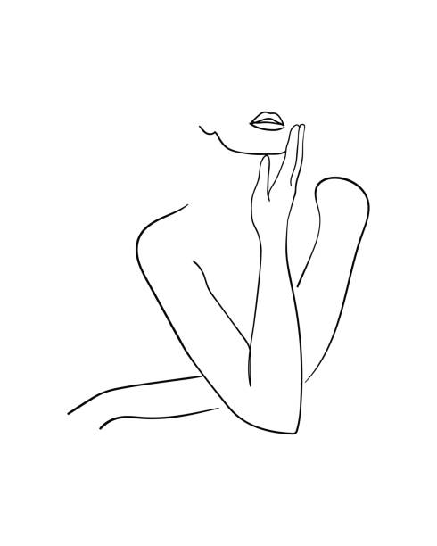minimal garis art wanita dengan tangan di wajah. gambar garis hitam. - ilustrasi vektor - keindahan ilustrasi ilustrasi stok