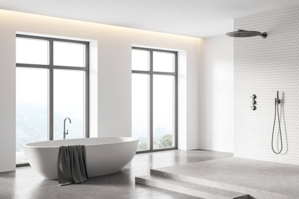 istock White bathroom corner with tub and shower stall 1301234879
