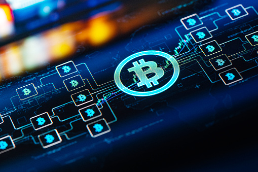 Bitcoin network concept on digital Screen