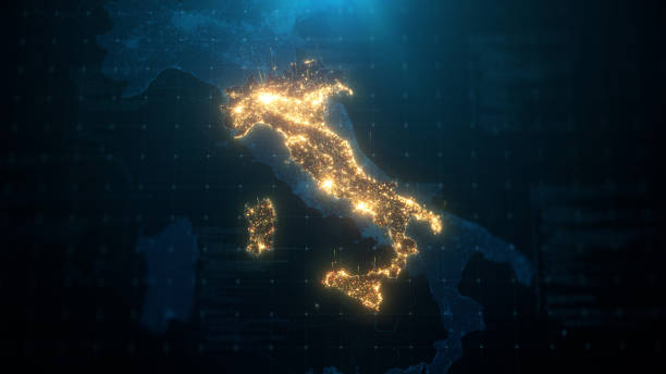 carte de nuit de l’italie avec l’illumination de lumières de ville - pays zone géographique photos et images de collection