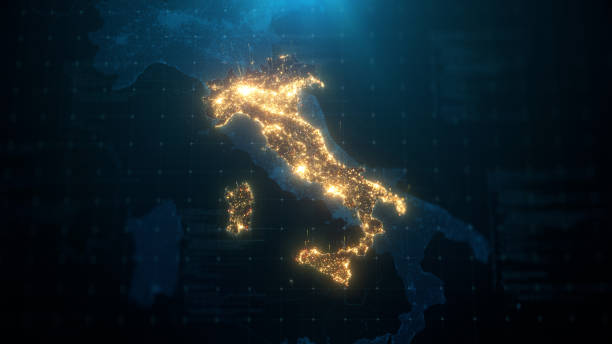 night map of italy with city lights illumination - italy imagens e fotografias de stock