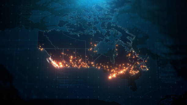 istock Night Map of Canada with City Lights Illumination 1301237901