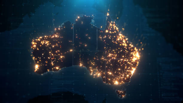 istock Night Map of Australia with City Lights Illumination 1301237945
