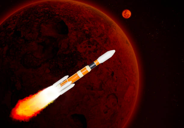 istock Orange and white multistage space rocket model flies to exploration over the red planet at high speed in the galaxy. 1301238796