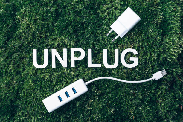 Word Unplug, white internet usb adapter on moss, green grass background. Top view. Copy space. Banner. Biophilia concept. Nature backdrop stock photo