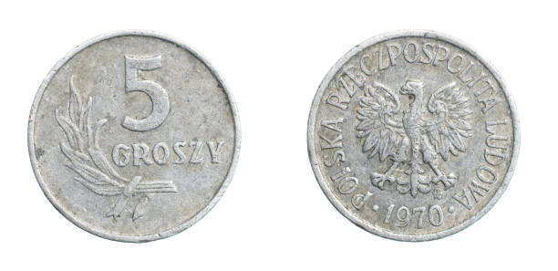 istock Polish five groszy coin on a white isolated background 1301239740