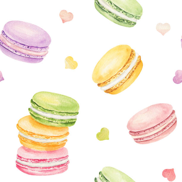 Seamless pattern with watercolor colorful macaroons isolated on white background. Seamless pattern with watercolor colorful macaroons isolated on white background. Hand drawn watercolor illustration. macaroon stock illustrations