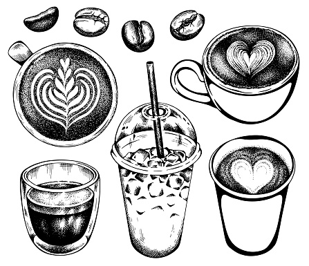 Sketch set of cups with coffee isolated on white background. Espresso, cappuccino, latte, iced coffee, coffee beans. Vintage, retro style food. Vector illustration. Ink drawing drinks.