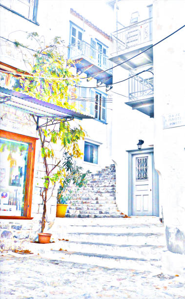 istock Illustration of picturesque Greek village 1301245329