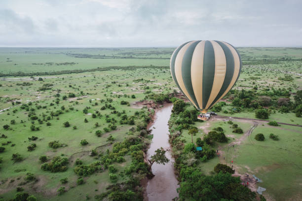 Hot air balloon in Maasai Mara national reserve, Kenya stock photo