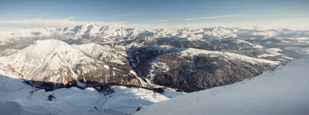 View over the Mont Blanc range from the highest point of la Clusaz, Haute-Savoie, France stock photo