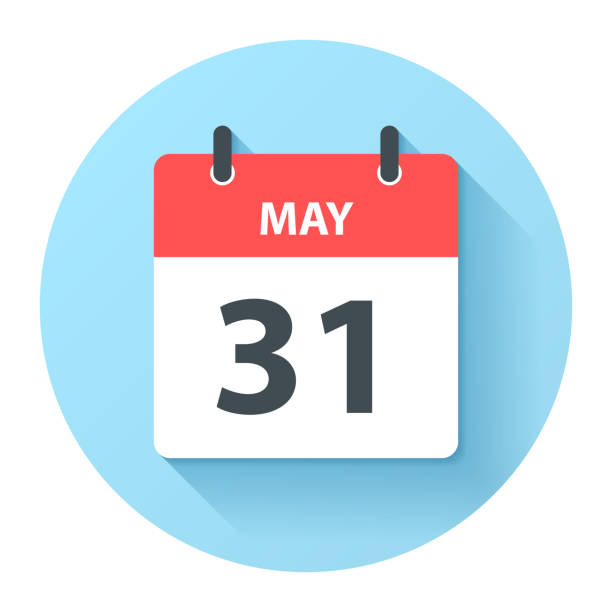 May 31 - Round Daily Calendar Icon in flat design style May 31. Round calendar Icon with long shadow in a Flat Design style. Daily calendar isolated on a blue circle. Vector Illustration (EPS10, well layered and grouped). Easy to edit, manipulate, resize or colorize. number 31 stock illustrations