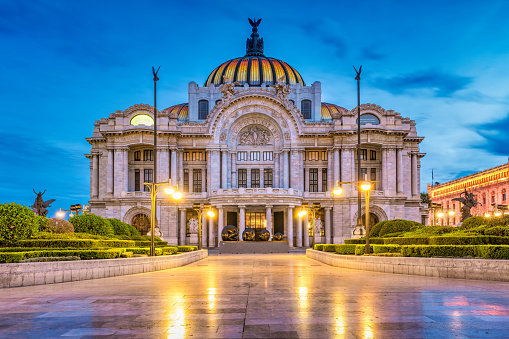 Palacio de Bellas Artes cultural center in downtown Mexico City, Mexico at dawn.