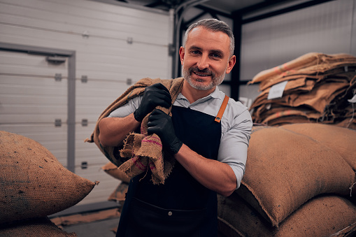 Coffee roaster master wearing apron carrying burlap bags with coffee in artisan roastery shop. Front view.
